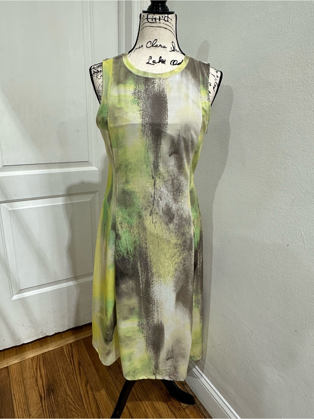 DKNY Sleeveless Abstract Print Dress in Yellow, Green & Gray